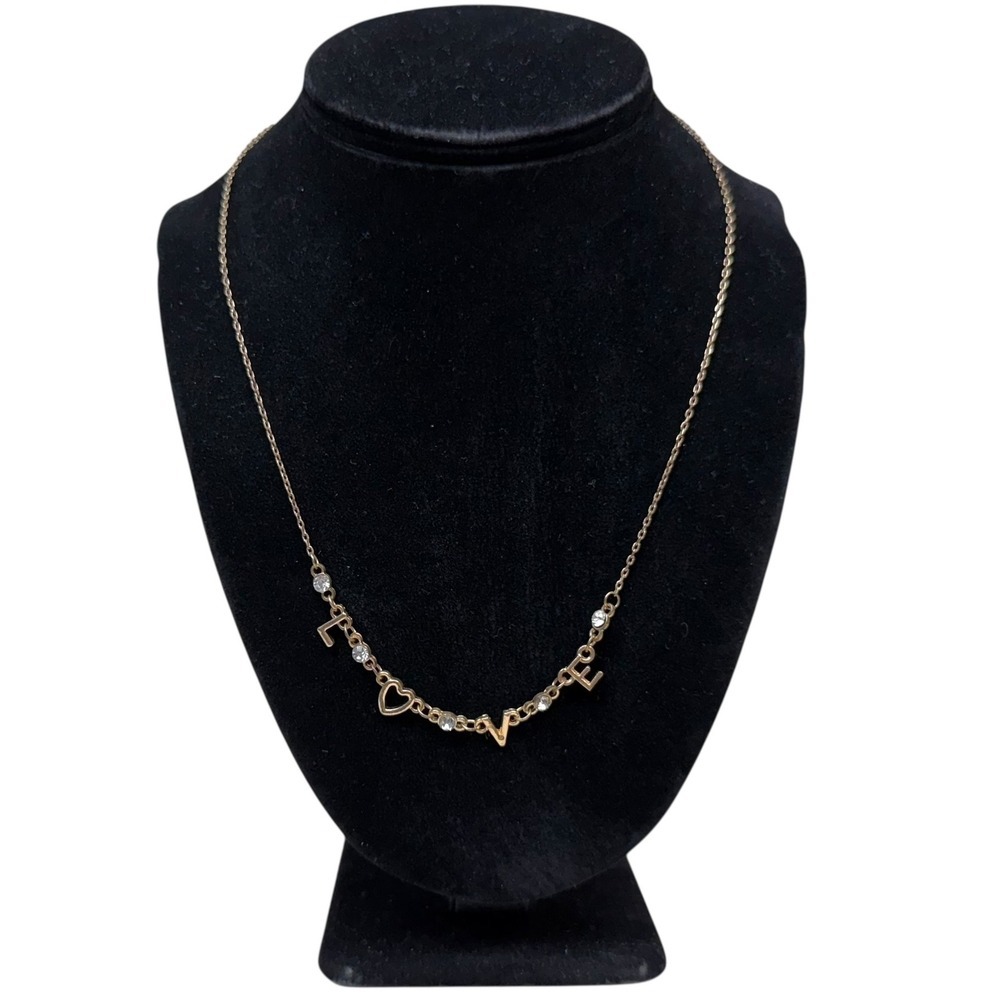 Love Heart Rhinestone Accent Charm Necklace Gold Tone Fashion Jewelry 9.5 in L
